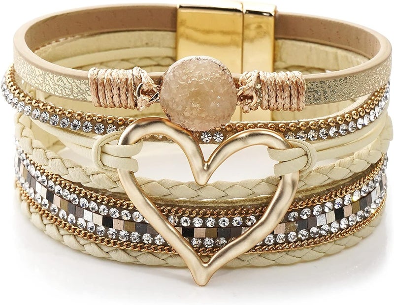 Suyi Multilayer Leather Wrap Bracelet Heart-Shape Wide Cuff Bracelets for Women - Image 1